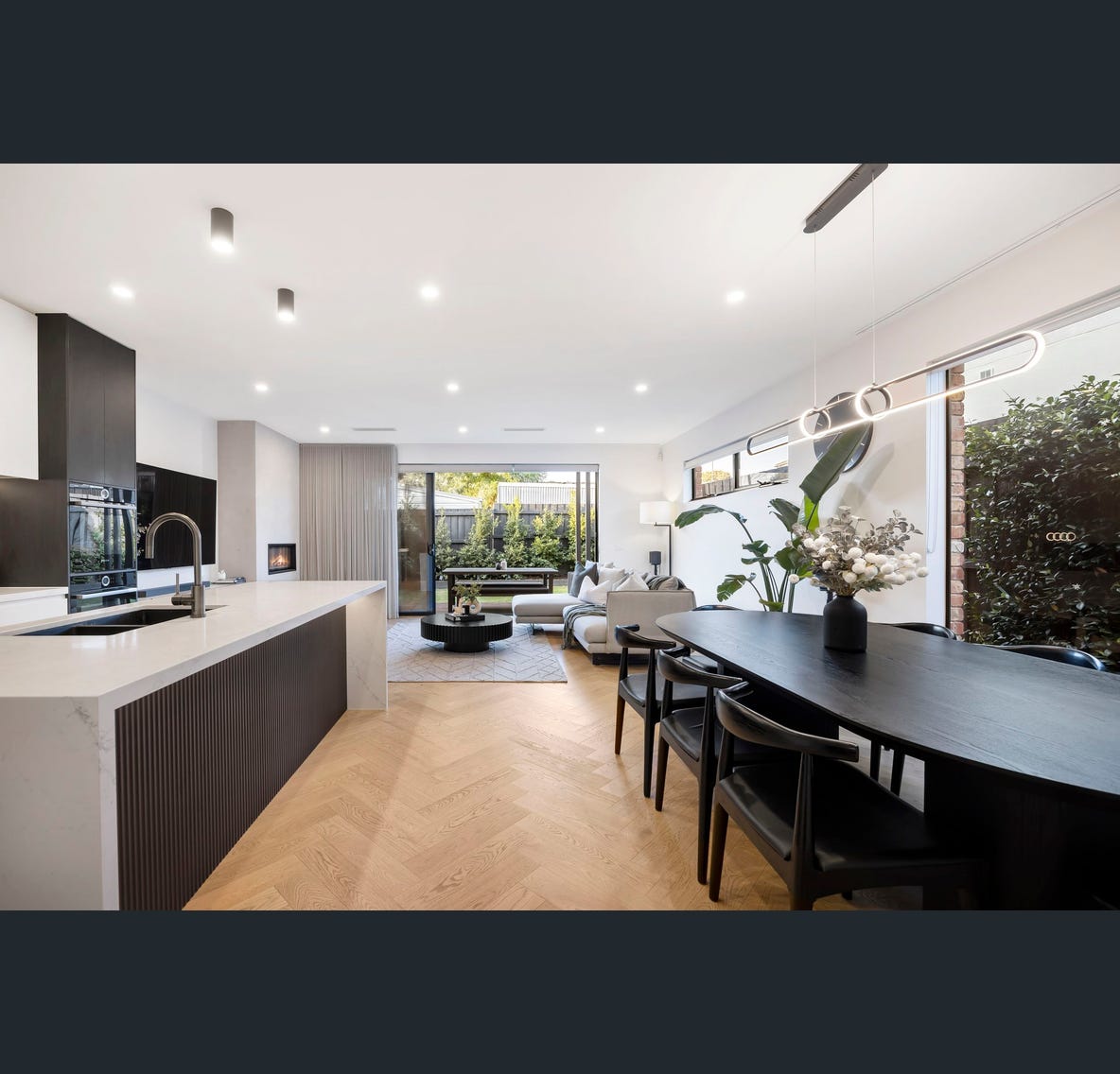 Dining room — pendant lighting & garden outlook